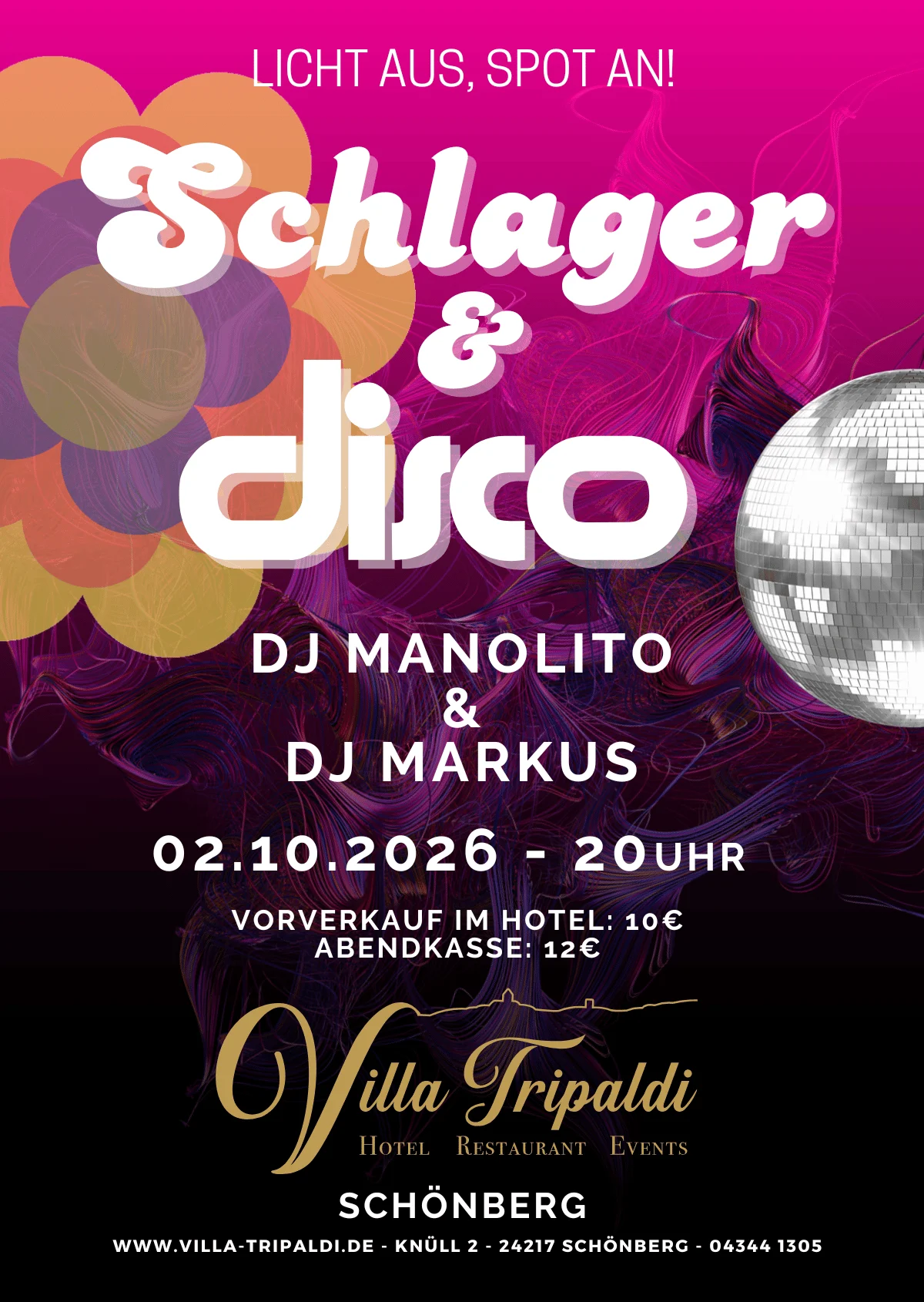 Schlager & Disco – 02.10.2026, 20 Uhr, Villa Tripaldi Schönberg